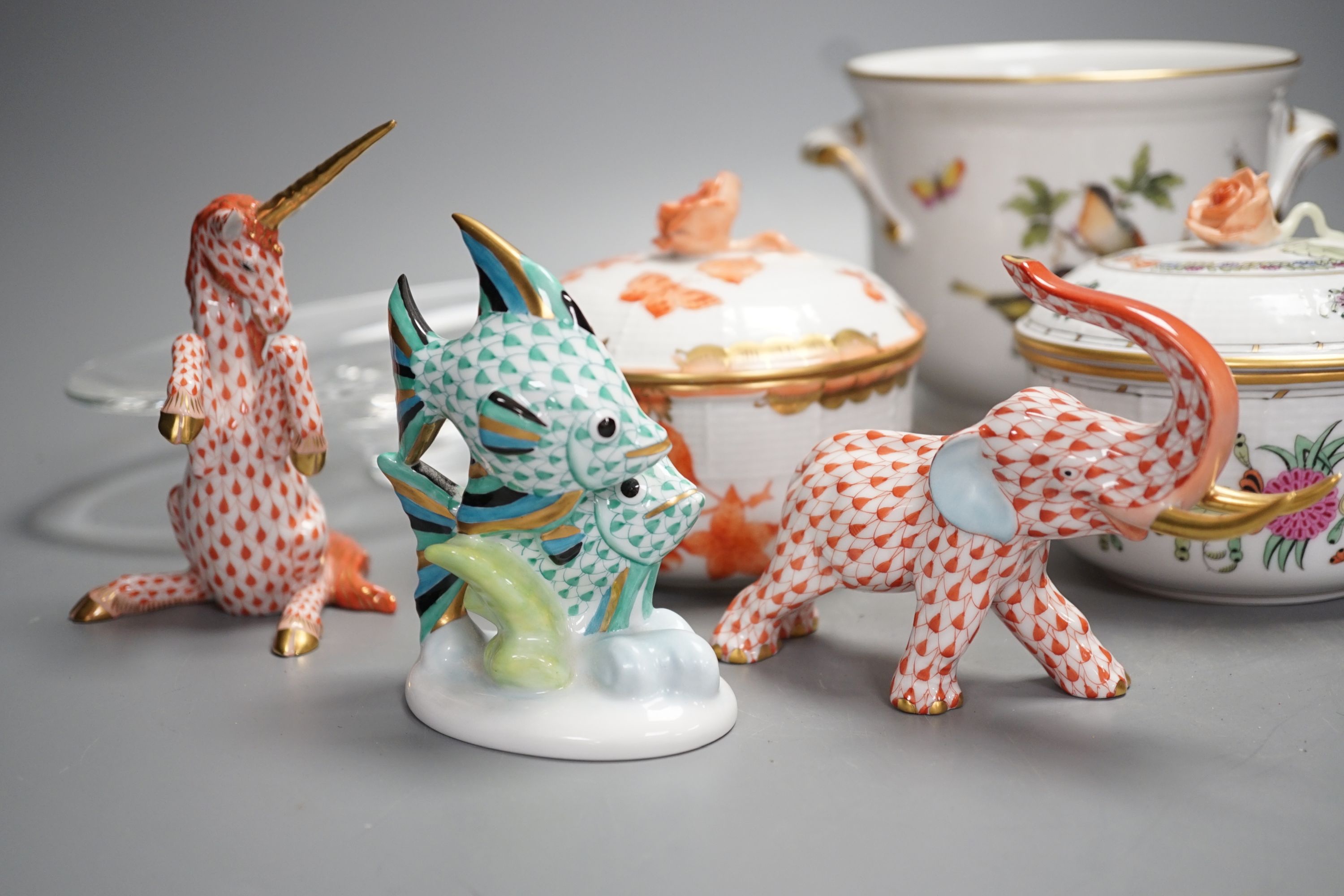 A pair of Herend pots with covers, Herend animal figures, Herend two handled pot, and one Baccarat dish